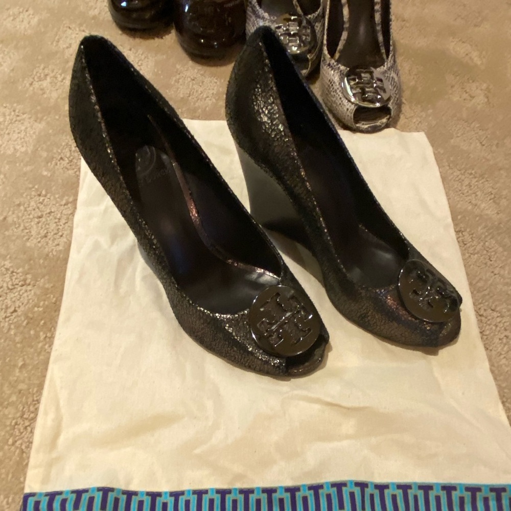 Tory Burch Peep Toe Black Metallic Wedge